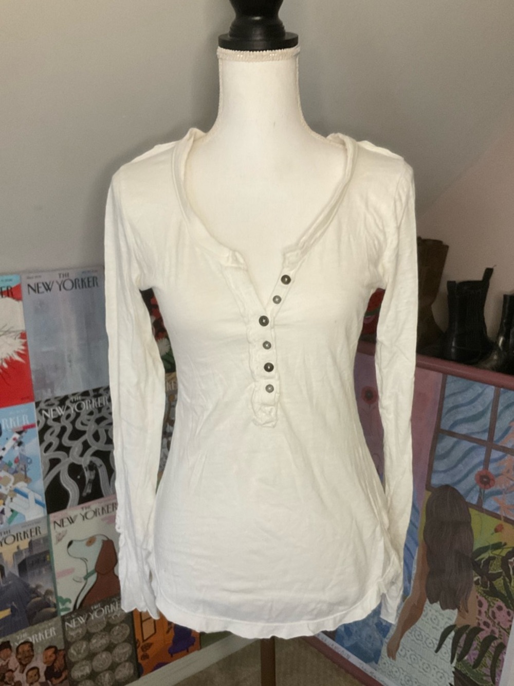 Free People White Long-Sleeve Henley Button-Front Top with Crochet Sleeves